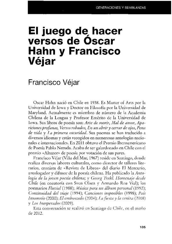 El juego de hacer versos de Óscar Hahn y Francisco Véjar / Francisco Véjar | Biblioteca Virtual Miguel de Cervantes