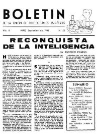 Portada:Boletín de la Unión de Intelectuales Españoles. Año III, núm. 22, septiembre 1946