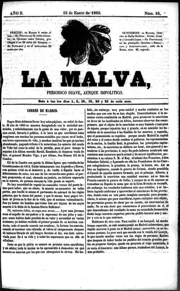 La Malva : periódico suave, aunque impolítico. Núm. 16, 15 de enero de 1860 | Biblioteca Virtual Miguel de Cervantes