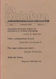 Portada:La Palabra : Revista de Literatura Chicana. Volumen I, núm. 1, Primavera de 1979