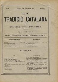 Portada:La Tradició Catalana : revista mensual científica, artística y literaria. Any I, nombre 6, 15 de septembre de 1893