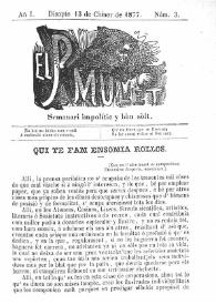 El Pare Mulet : semanari impolític y bóu solt. Añ I, núm. 3 (Disapte 13 de Chiner de 1877)  [sic] | Biblioteca Virtual Miguel de Cervantes