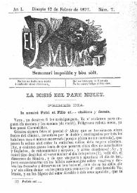 Portada:El Pare Mulet : semanari impolític y bóu solt. Añ I, núm. 7 (Disapte 17 de Febrer de 1877) [sic]
