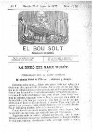 Portada:El Bou Solt : semanari impolític. Añ I, núm. 16 (Disapte 25 d'Agost de 1877) [sic]