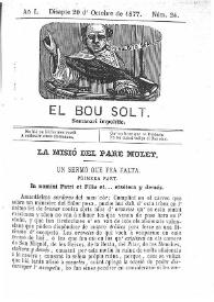 Portada:El Bou Solt : semanari impolític. Añ I, núm. 24 (Disapte 20 d'Octubre de 1877) [sic]