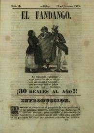 Portada:El fandango : periódico nacional : papelito ... satírico escrito por los redactores de La Risa inundado de caricaturas ... Núm. 11, 15 de octubre de 1845