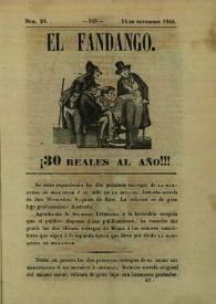 Portada:El fandango : periódico nacional : papelito ... satírico escrito por los redactores de La Risa inundado de caricaturas ... Núm. 24, 15 de noviembre de 1846