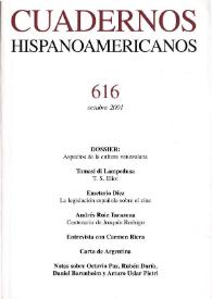 Portada:Cuadernos Hispanoamericanos. Núm. 616, octubre 2001