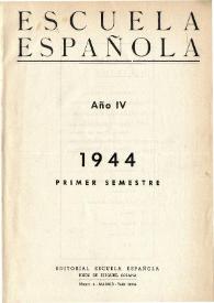 Portada:Escuela española. Año IV, Índice del Primer semestre de 1944