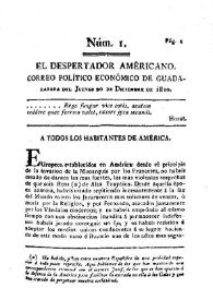 Portada:El Despertador Americano: correo político económico de Guadalajara. Núm. 1, jueves 20 de diciembre de 1810