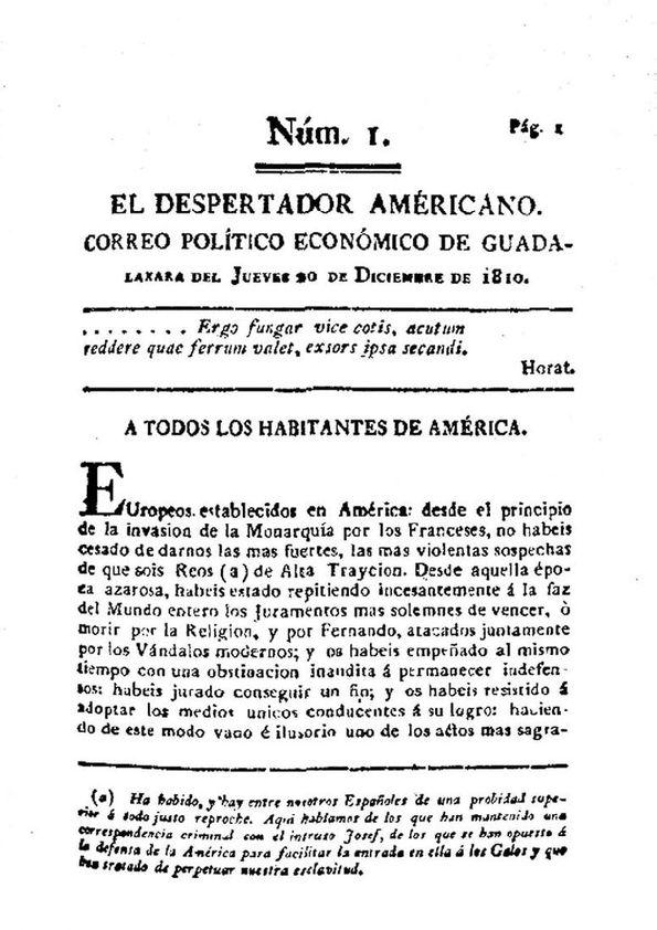 El Despertador Americano: correo político económico de Guadalajara. Núm. 1, jueves 20 de diciembre de 1810 | Biblioteca Virtual Miguel de Cervantes