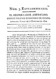 Portada:El Despertador Americano: correo político económico de Guadalajara. Núm. 3, sábado 29 de diciembre de 1810