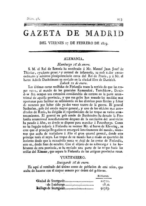 Gazeta de Madrid. 1809. Núm. 48, 17 de febrero de 1809 | Biblioteca Virtual Miguel de Cervantes