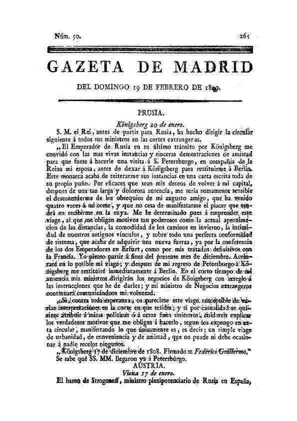 Gazeta de Madrid. 1809. Núm. 50, 19 de febrero de 1809 | Biblioteca Virtual Miguel de Cervantes