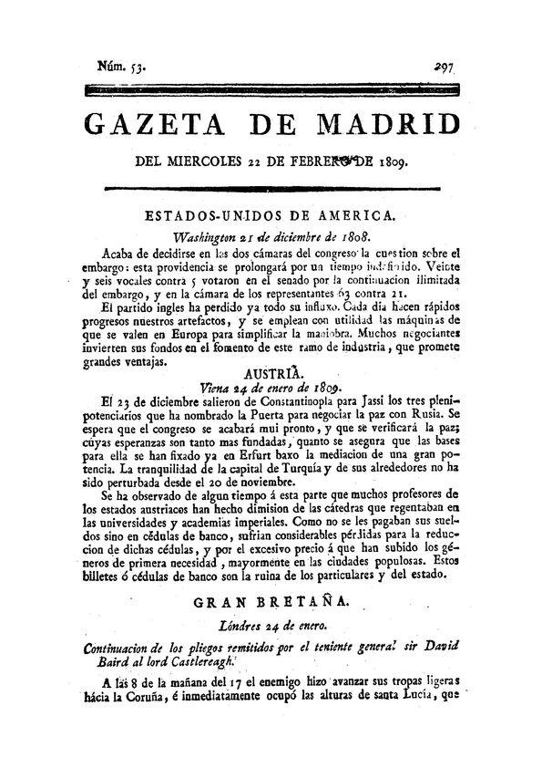 Gazeta de Madrid. 1809. Núm. 53, 22 de febrero de 1809 | Biblioteca Virtual Miguel de Cervantes