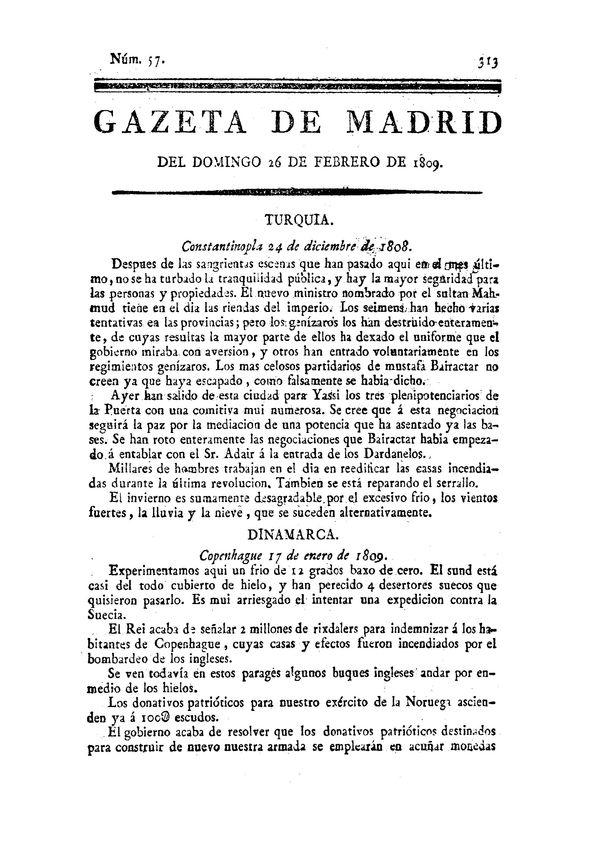 Gazeta de Madrid. 1809. Núm. 57, 26 de febrero de 1809 | Biblioteca Virtual Miguel de Cervantes