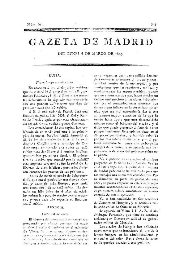 Gazeta de Madrid. 1809. Núm. 65, 6 de marzo de 1809 | Biblioteca Virtual Miguel de Cervantes