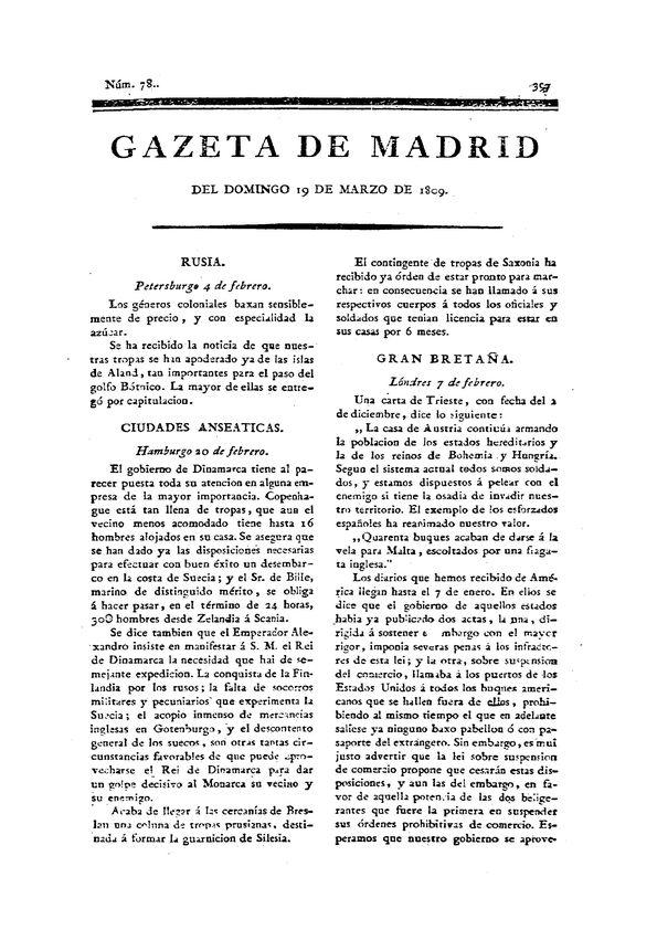 Gazeta de Madrid. 1809. Núm. 78, 19 de marzo de 1809 | Biblioteca Virtual Miguel de Cervantes