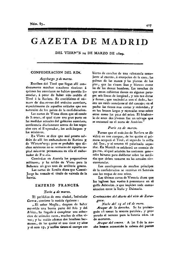 Gazeta de Madrid. 1809. Núm. 83, 24 de marzo de 1809 | Biblioteca Virtual Miguel de Cervantes