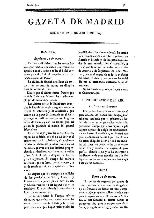 Gazeta de Madrid. 1809. Núm. 94, 4 de abril de 1809 | Biblioteca Virtual Miguel de Cervantes