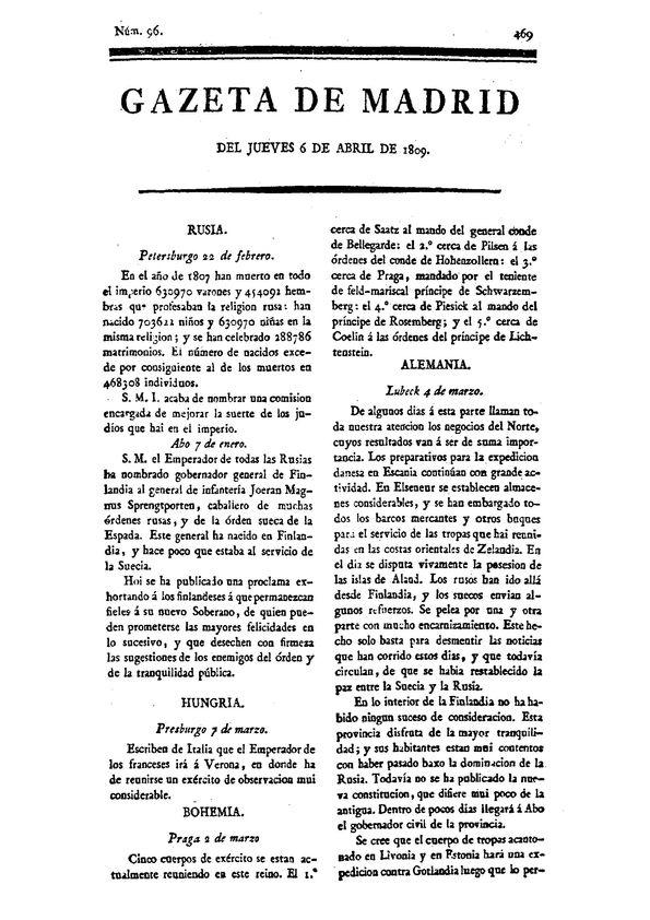 Gazeta de Madrid. 1809. Núm. 96, 6 de abril de 1809 | Biblioteca Virtual Miguel de Cervantes