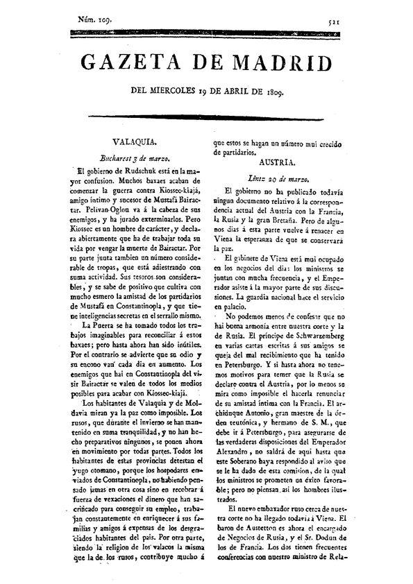 Gazeta de Madrid. 1809. Núm. 109, 19 de abril de 1809 | Biblioteca Virtual Miguel de Cervantes