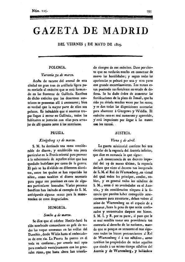Gazeta de Madrid. 1809. Núm. 125, 5 de mayo de 1809 | Biblioteca Virtual Miguel de Cervantes