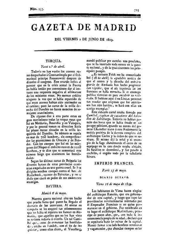 Gazeta de Madrid. 1809. Núm. 153, 2 de junio de 1809 | Biblioteca Virtual Miguel de Cervantes