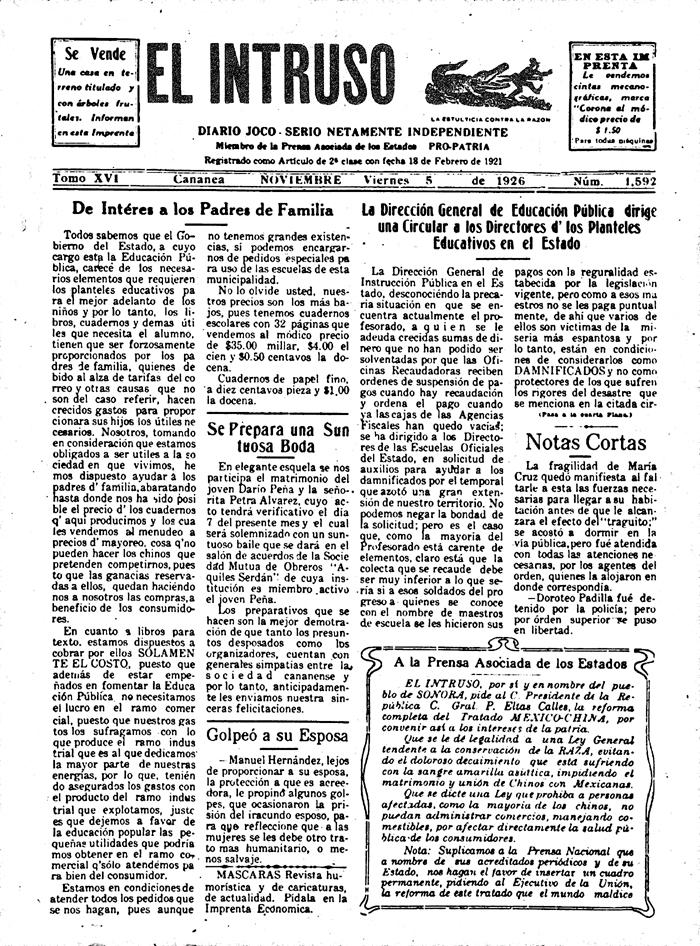 El intruso. Diario Joco-serio netamente independiente. Tomo XVI, núm. 1592, viernes 5 de noviembre de 1926 | Biblioteca Virtual Miguel de Cervantes