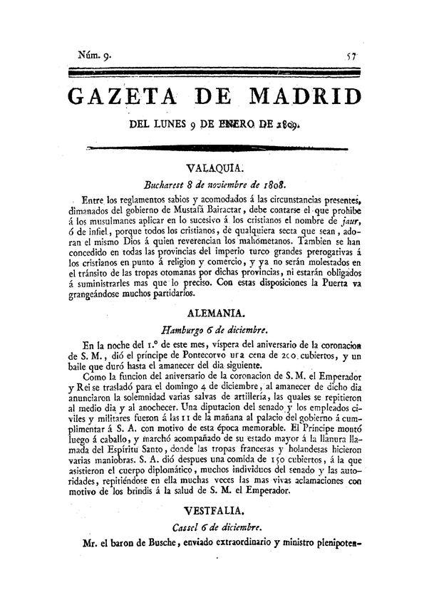 Gazeta de Madrid. 1809. Núm. 9, 9 de enero de 1809 | Biblioteca Virtual Miguel de Cervantes