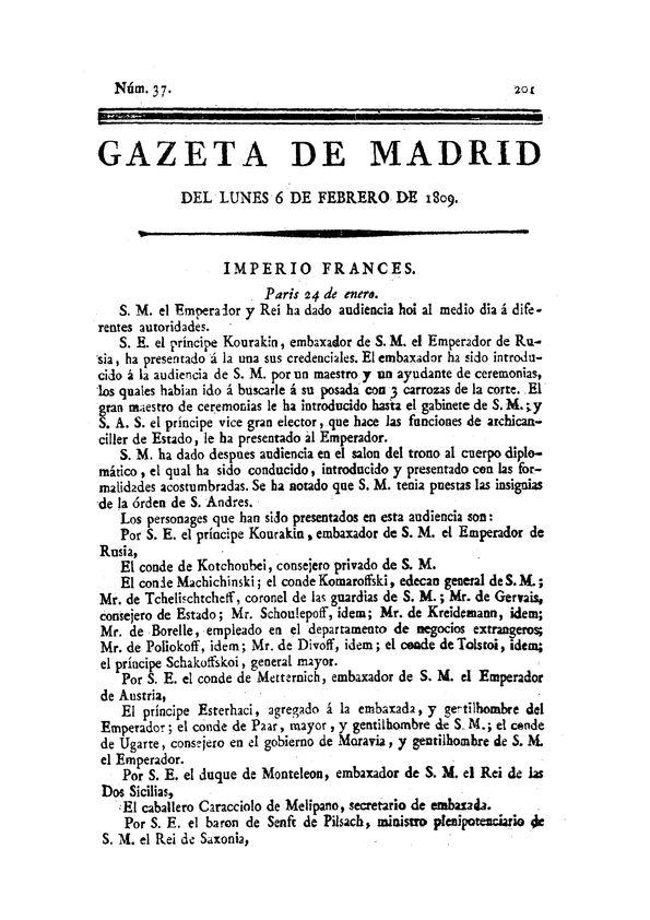Gazeta de Madrid. 1809. Núm. 37, 6 de febrero de 1809 | Biblioteca Virtual Miguel de Cervantes