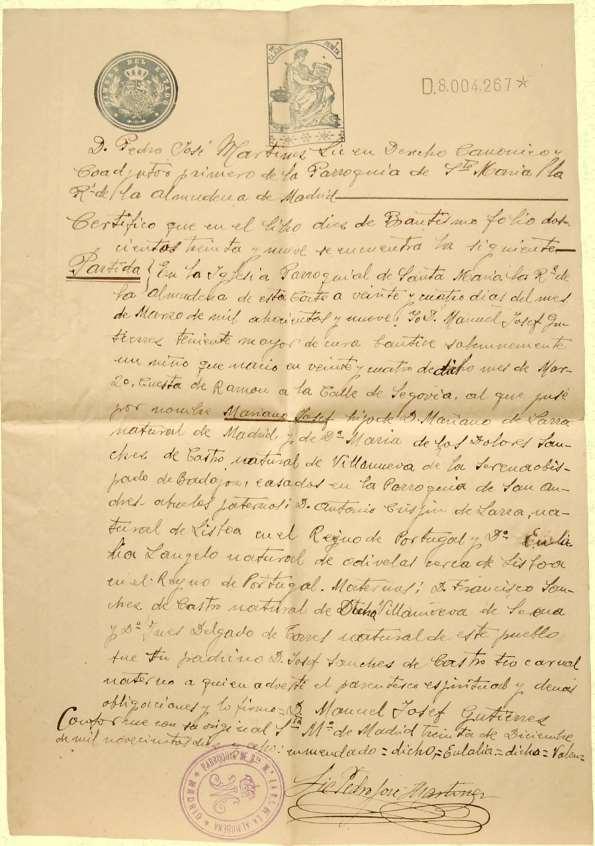 [Certificado de la partida de bautismo de Mariano José de Larra] | Biblioteca Virtual Miguel de Cervantes