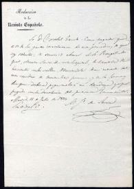 Portada:Notificación de Mariano José de Larra a Cristóbal Garrido solicitándole el abono de cierta cantidad de su sueldo a un sastre