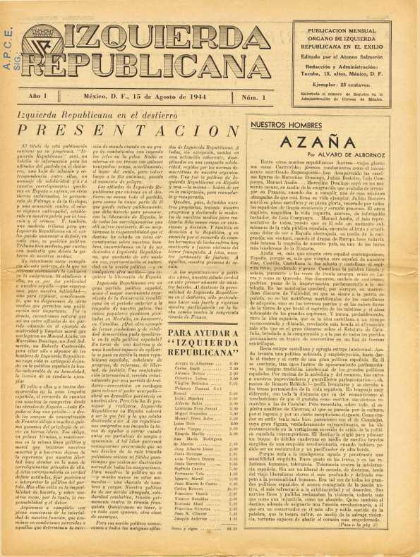 Izquierda Republicana : Publicación Mensual. Órgano De Izquierda Republicana En El Exilio. Núm. 1, 15 de agosto de 1944 | Biblioteca Virtual Miguel de Cervantes