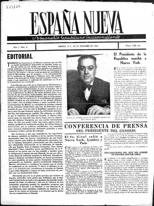 España Nueva : Semanario Republicano Independiente. Núm. 6, 29 de diciembre de 1945 | Biblioteca Virtual Miguel de Cervantes