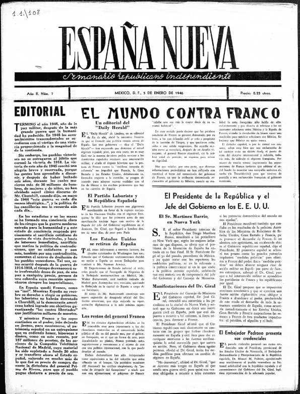 España Nueva : Semanario Republicano Independiente. Núm. 7, 5 de enero de 1946 | Biblioteca Virtual Miguel de Cervantes