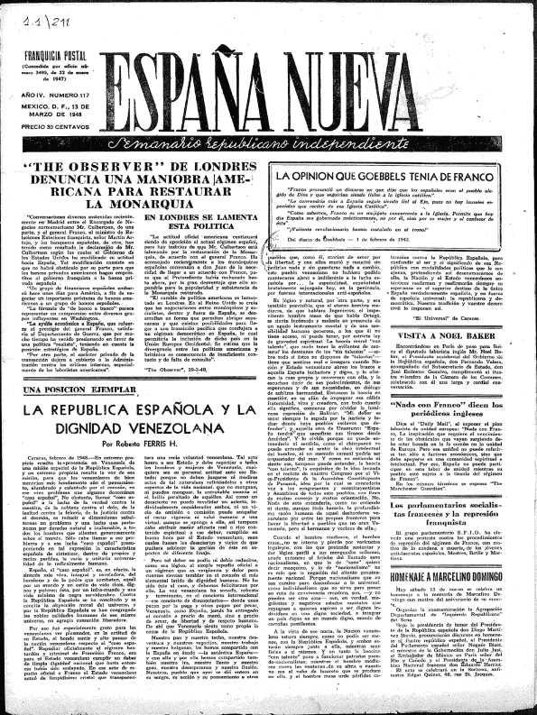 España Nueva : Semanario Republicano Independiente. Núm. 117, 13 de marzo de 1948 | Biblioteca Virtual Miguel de Cervantes
