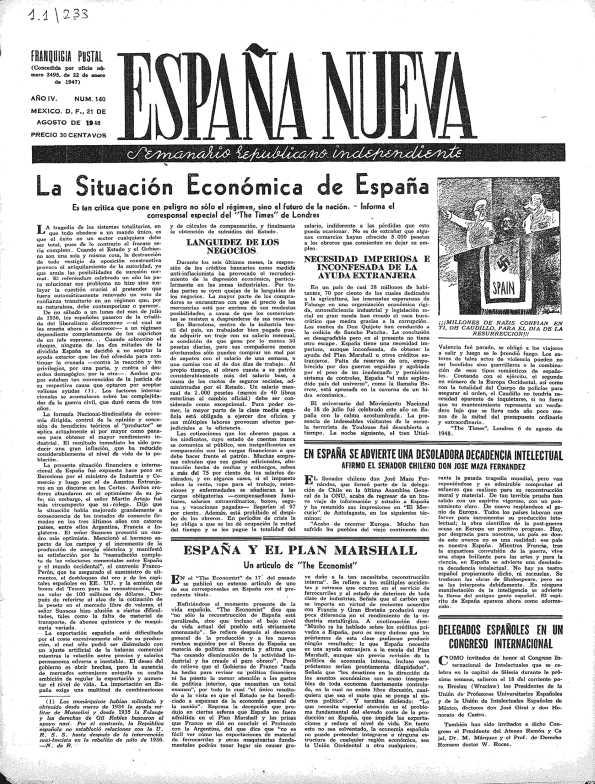 España Nueva : Semanario Republicano Independiente. Núm. 140, 21 de agosto de 1948 | Biblioteca Virtual Miguel de Cervantes