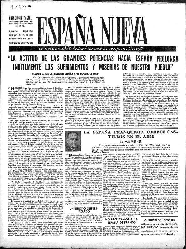 España Nueva : Semanario Republicano Independiente. Núm. 156, 18 de diciembre de 1948 | Biblioteca Virtual Miguel de Cervantes