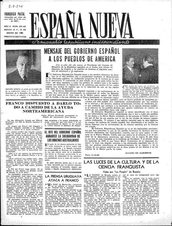 España Nueva : Semanario Republicano Independiente. Núm. 159-160, 15 de enero de 1948 | Biblioteca Virtual Miguel de Cervantes