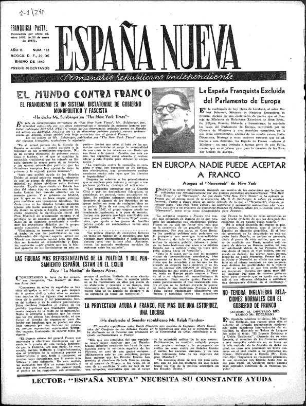 España Nueva : Semanario Republicano Independiente. Núm. 162, 29 de enero de 1949 | Biblioteca Virtual Miguel de Cervantes