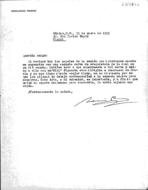 Carta de Indalecio Prieto a Carlos Esplá. México, D. F., 13 de enero de 1945 | Biblioteca Virtual Miguel de Cervantes