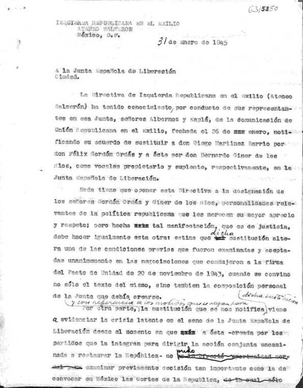 Carta de Izquierda Republicana en el exilio a la Junta Española de Liberación [Borrador]. México, D. F., 31 de enero de 1945 | Biblioteca Virtual Miguel de Cervantes