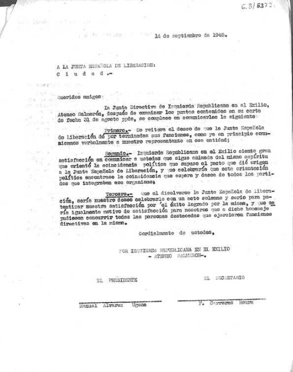 Carta de Izquierda Republicana a la Junta Española de Liberación. 14 de septiembre de 1945 | Biblioteca Virtual Miguel de Cervantes