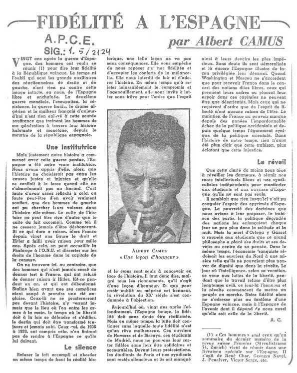 Fidélité a L'Espagne / par Albert Camus | Biblioteca Virtual Miguel de Cervantes