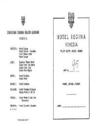 Portada:Folleto con información del \"Hotel Regina\", en Venecia, agosto 1958