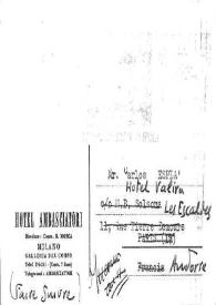 Portada:Postal dirigida a Carlos Esplá con la dirección del \"Hotel Valira\" (Les Escaldes), en Andorra