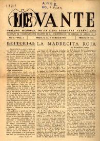 Portada:Levante (México D. F.) : Órgano Mensual de la Casa Regional Valenciana. Año I, número 2,3, de mayo de 1943