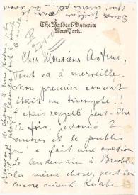 Portada:Carta dirigida a G. Astruc. Nueva York, 27-01-1906