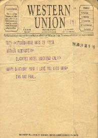Portada:Telegrama dirigido a Arthur Rubinstein. Stockbridge, Massachusetts (Estados Unidos), 29-01-1940